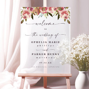 Ophelia Cottagecore Roze Bloemige Trouwbegroeting Acryl Bord