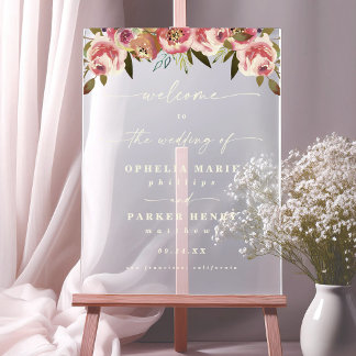 Ophelia Cottagecore Roze Bloemige Trouwbegroeting Acryl Bord