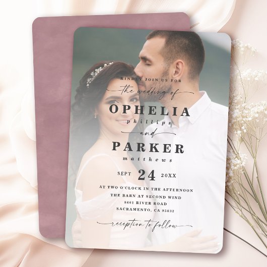Ophelia Elegant Script Fotobruiloft Kaart