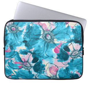 OPinkt en blauw abstract bloespatroon Laptop Sleeve