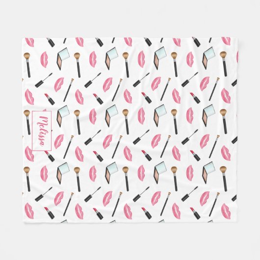 Opmaak patroon en roze lippen met aangepaste naam fleece deken (Voorkant (Horizontaal))