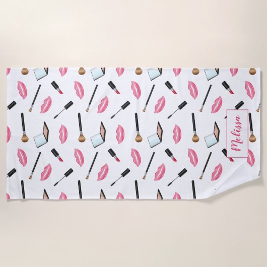 Opmaak patroon en roze lippen met aangepaste naam strandlaken (Voorkant)