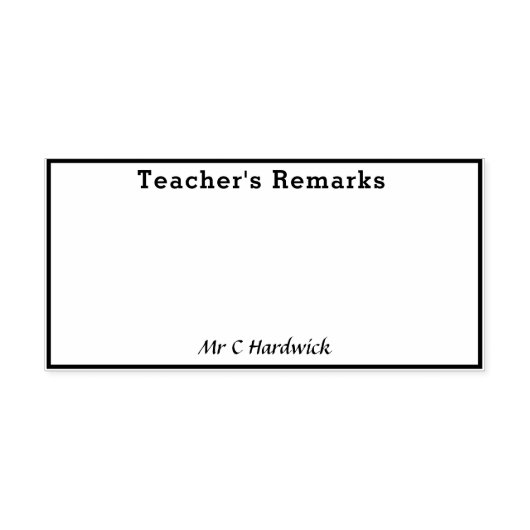 Opmerkingen van de leraar vak met naam 	rubberstempel (Afrduk)