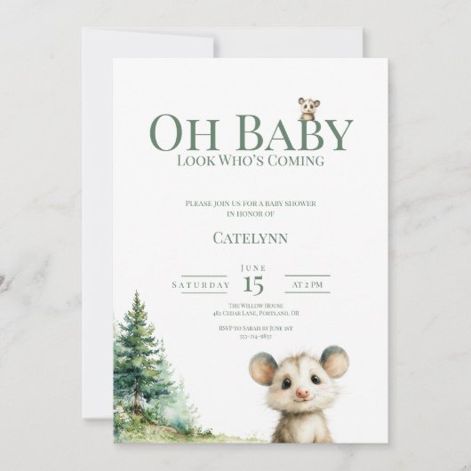 Opossum Baby Shower Invitation • Oh Baby Forest Feestdagenkaart (Voorkant)