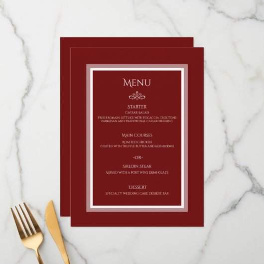 Oppervlakmenu van de bruine rode bruiloft menu (Voorkant / Achterkant in situ)