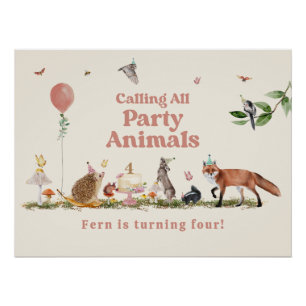 Oproep Alle Party Dieren Woodland Roze Verjaardag Perfect Poster