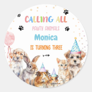 Oproep alle pawty dieren verjaardagsfeestje ronde sticker