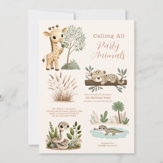 Oproep voor alle feestbeesten Safari Zoo Verjaarda Kaart (Voorkant)