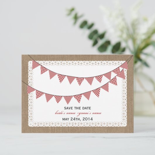 Opslagdatum Burlap geïnspireerd Red Gingham Buntin Save The Date (Staand voorkant)