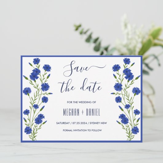 Opslagdatum kornflower Blue Botanical Weddenschap Kaart (Staand voorkant)