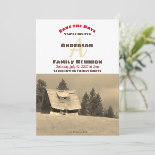 Opslagdatum van de oude Homestead-uitnodiging van Save The Date (Staand voorkant)