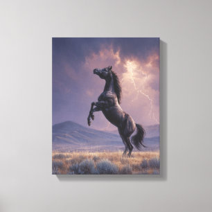 Opstekend zwart paard Onweersstorm Kunst Canvas Afdruk