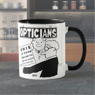 Opticien presenteert zijn rekening. Grappige carto Mok