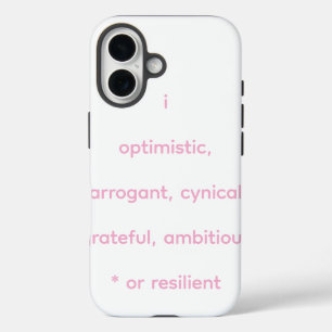 optimistisch, arrogant, cynisch, dankbaar, ambitie iPhone 16 hoesje
