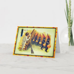Optocht van Zwarte Katten Jolly Halloween Vintage Kaart