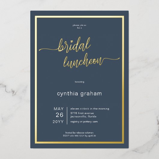 Opulent Blauw Moderne Minimale Bruids Luncheon Folie Uitnodiging (Voorkant)