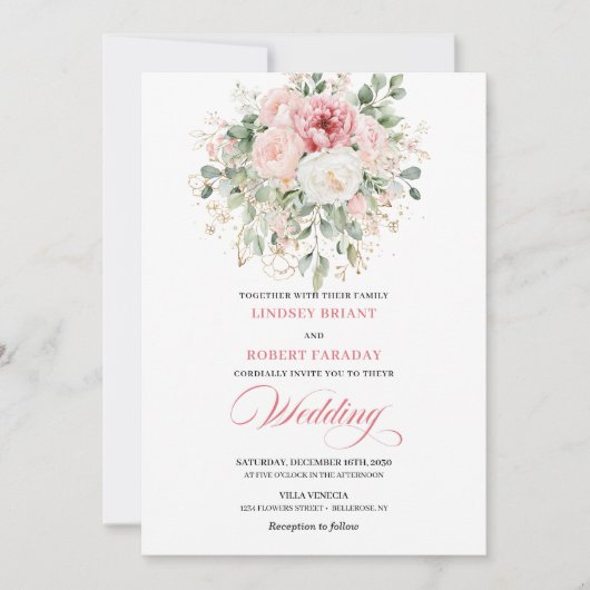 Opulent Blush Floral Gold Wedding Invitation Kaart (Voorkant)