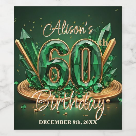 Opulent Chic Emerald Green and Gold 60th Birthday Wijn Etiket (Enkel label)