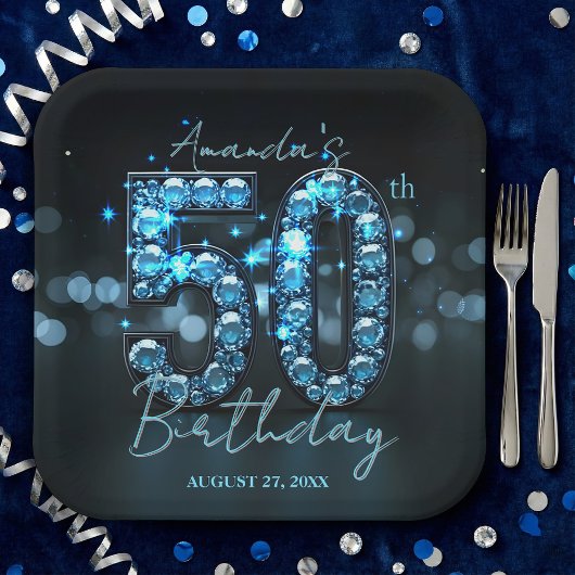 Opulent Elegant Teal Blue Diamonds 50th Birthday Papieren Bordje