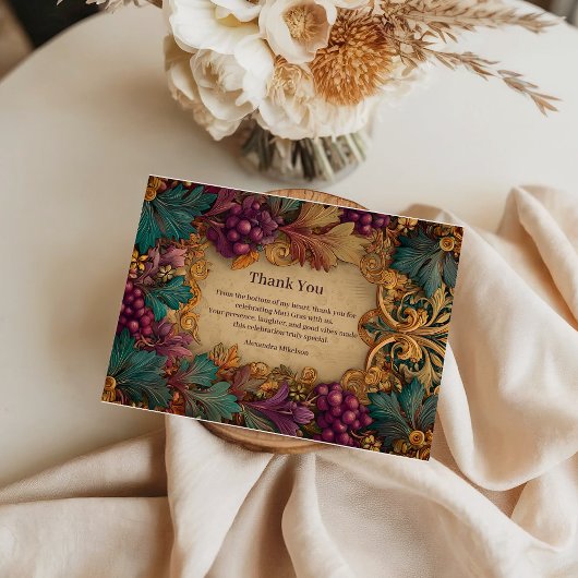 Opulent Grape Leaf Mardi Gras Masquerade Bedankkaart