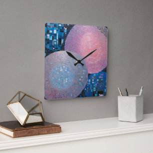 Opulent Ovals: tinten van blauw & roze in Abstract Vierkante Klok