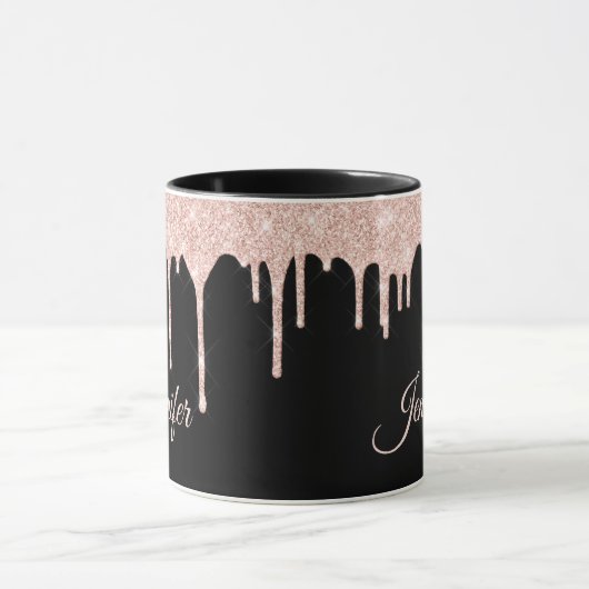 Opvallend Blush roze glitter op zwart monogrammen Mok (Midden)