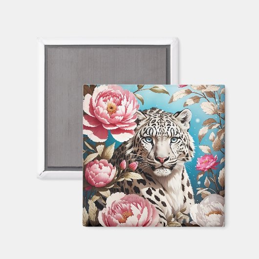 Opvallend sneeuw luipaard blik en roze pioenen magneet (Voorkant / Achterkant)