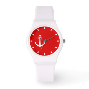 Opvallend wit en rood horloge met een ankersymbool