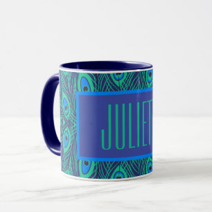 OPVALLENDE PEACOCK FEATHERS DESIGN IN BLAUW GROEN MOK