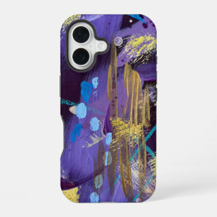 Opwindende blauwe, paarse en gouden abstracte kuns iPhone 16 hoesje
