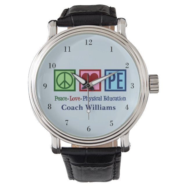Opzetbare PE Teacher Peace Love Physical Education Horloge (Voorkant)