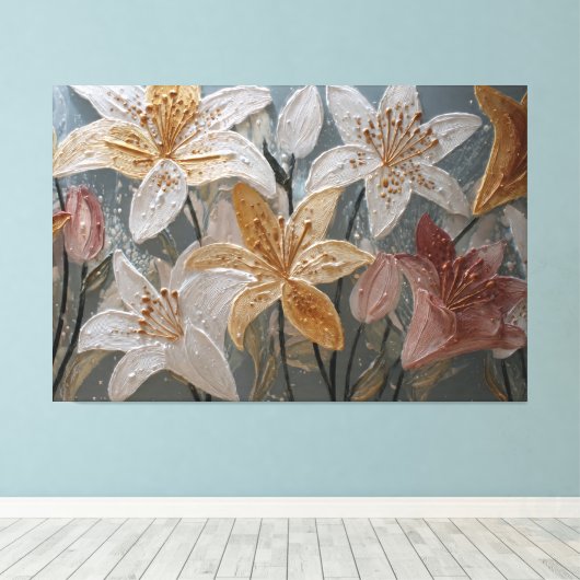 Or Art Mural Abstrait Texturé Lys Roses Or Blanc (Insitu (Plancher de Bois))