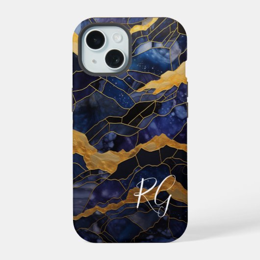 Or Bleu Abstrait Marbre Initiales Monogramme (Verso)