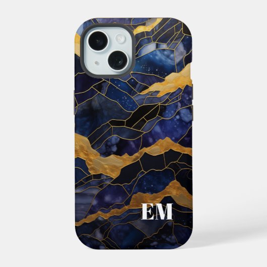 Or Bleu Abstrait Monogramme Initiales en Marbre (Verso)