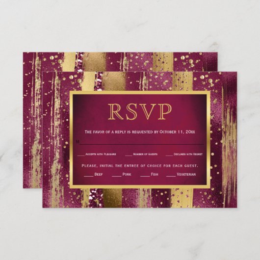 Or, coups de bordeaux, mariage confetti carte RSVP (Devant / Derrière)