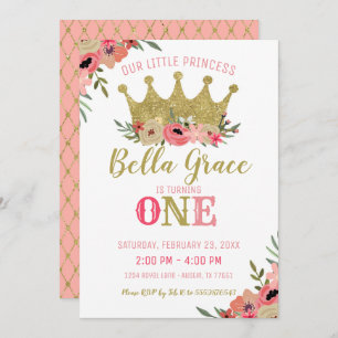 Or de princesse Crown Birthday Invitation Pink