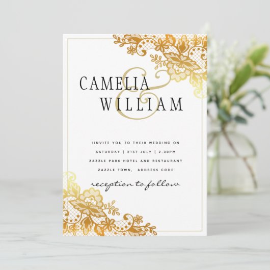 Or dentelle blanche Faire-part de mariage classiqu (Debout devant)