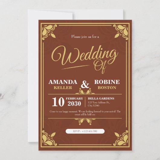 Or élégant et Faire-part de mariage Brown (Devant)