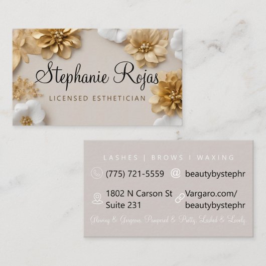 Or esthétique + carte de visite de fleurs blanches (Devant / Derrière)