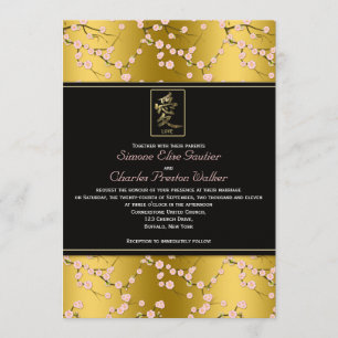 Or et faire-part de mariage noir de fleurs de