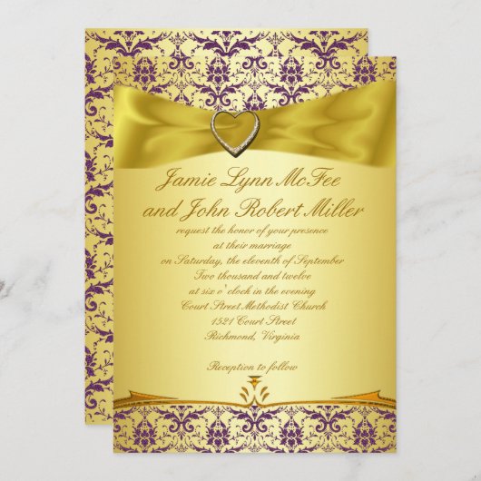Or et invitation pourpre de mariage damassé (Devant / Derrière)