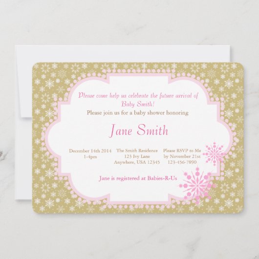 Or et invitation rose de baby shower de flocon de (Devant)