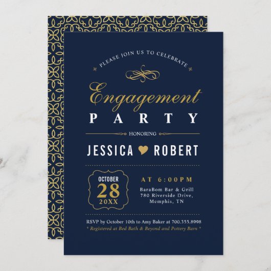Or et marine | Elegant Engagement Party Invitation (Devant / Derrière)