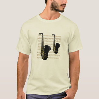 Or et T-shirt noir de musique d'or de saxophones