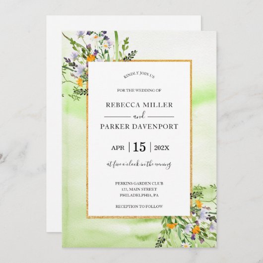 or fleur sauvage et Faire-part de mariage vert (Devant / Derrière)