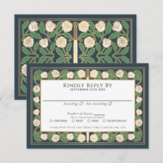 Or Gris Blanc Épée Florale Mariage Royal RSVP (Devant / Derrière)