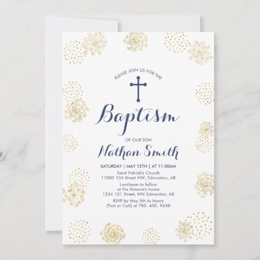 Or & Marine | Invitation de baptême garçon (Devant)
