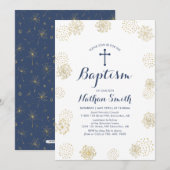 Or & Marine | Invitation de baptême garçon (Devant / Derrière)