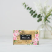 Or métallique | Carte de visite de fleurs roses (Debout devant)