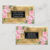 Or métallique | Carte de visite de fleurs roses (Devant / Derrière)